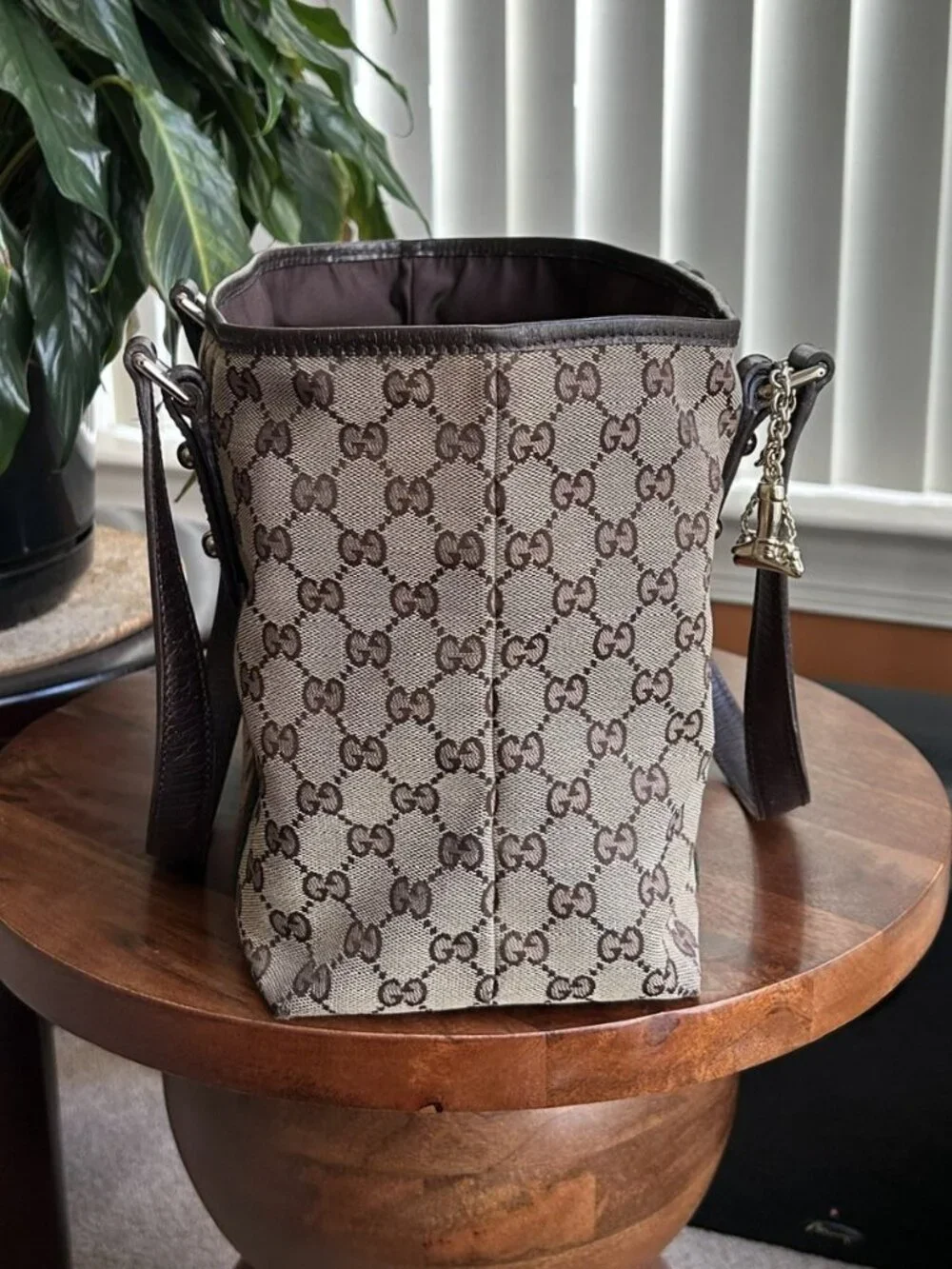 GUGGI GG Supreme Monogram Sherry Web Tote, Tan, Brown